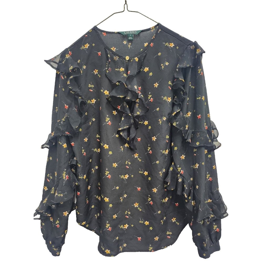 Lauren Ralph Lauren Womens Boho Top Small Oral Chiffon Ruffle Long Sleeve
